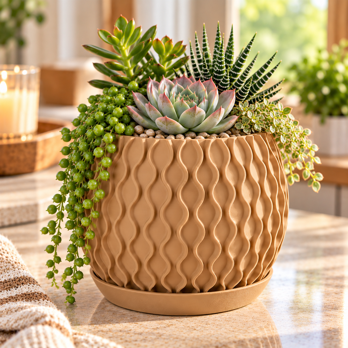 Modern Wavy Succulent Planter with Matching Tray