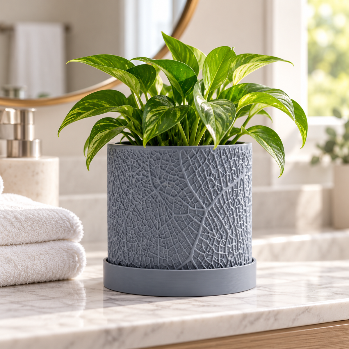 Leaf Textured 3D Printed Planter with Saucer, Small Indoor Plant Pot with Drainage Holes