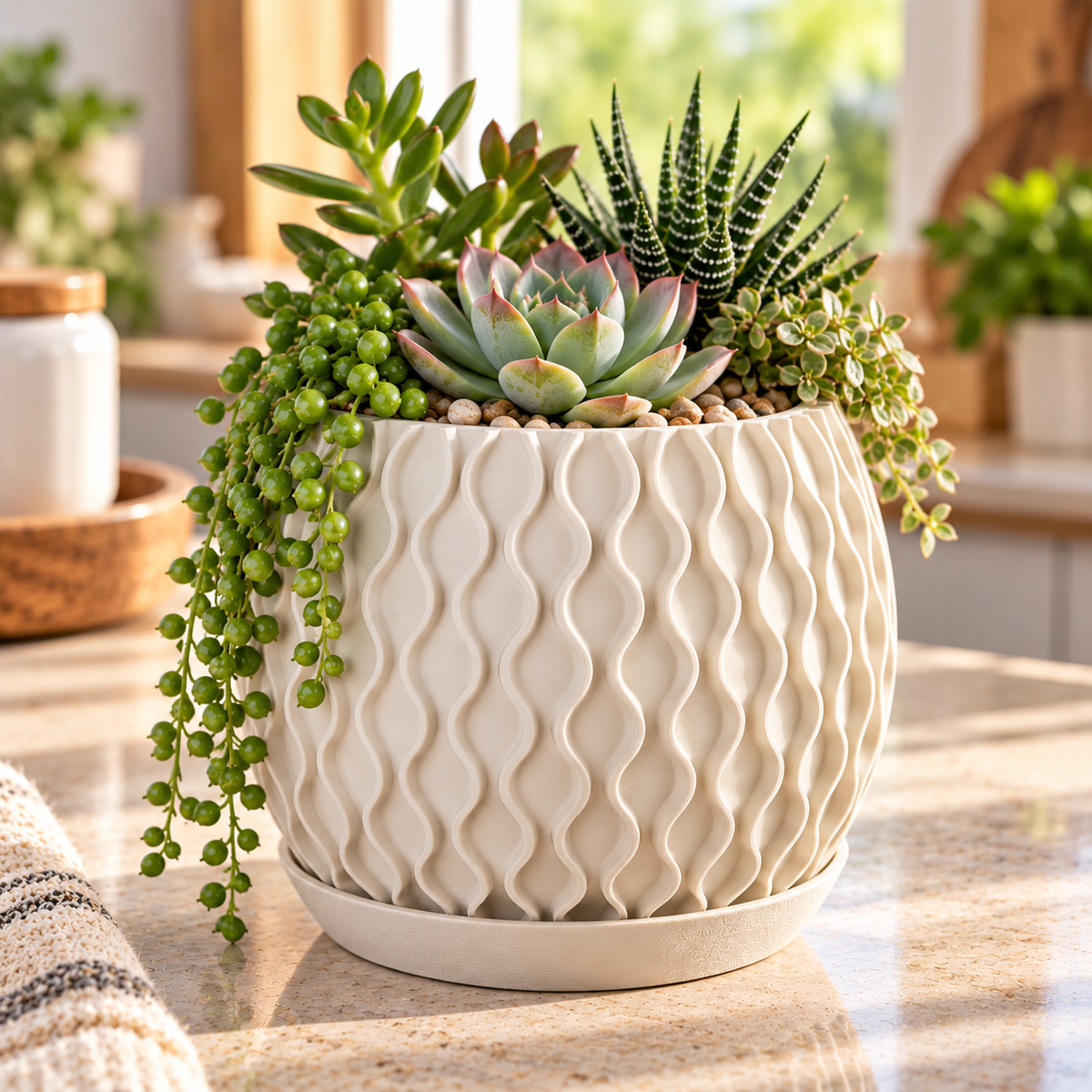 Modern Wavy Succulent Planter with Matching Tray