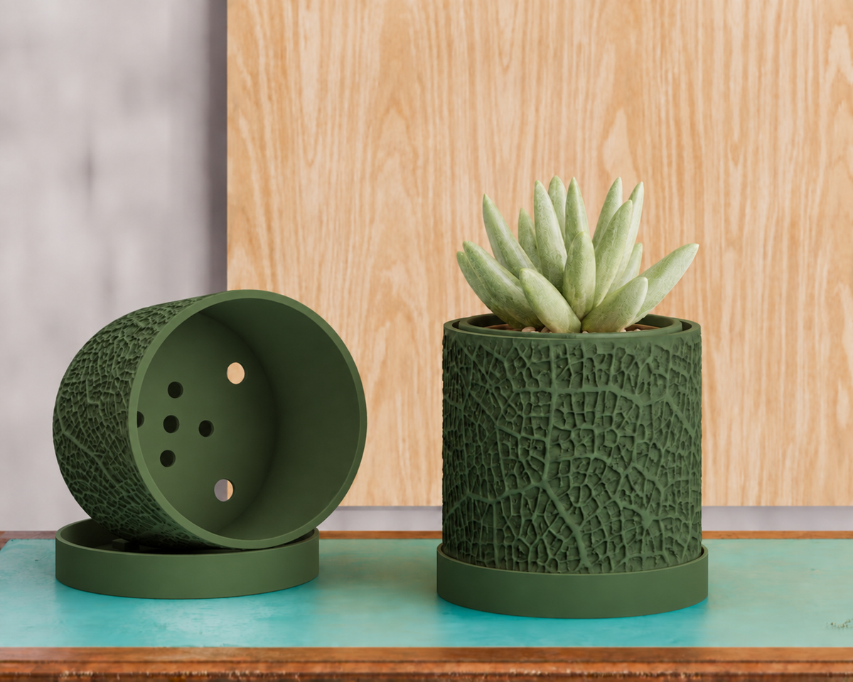 Leaf Textured 3D Printed Planter with Saucer, Small Indoor Plant Pot with Drainage Holes