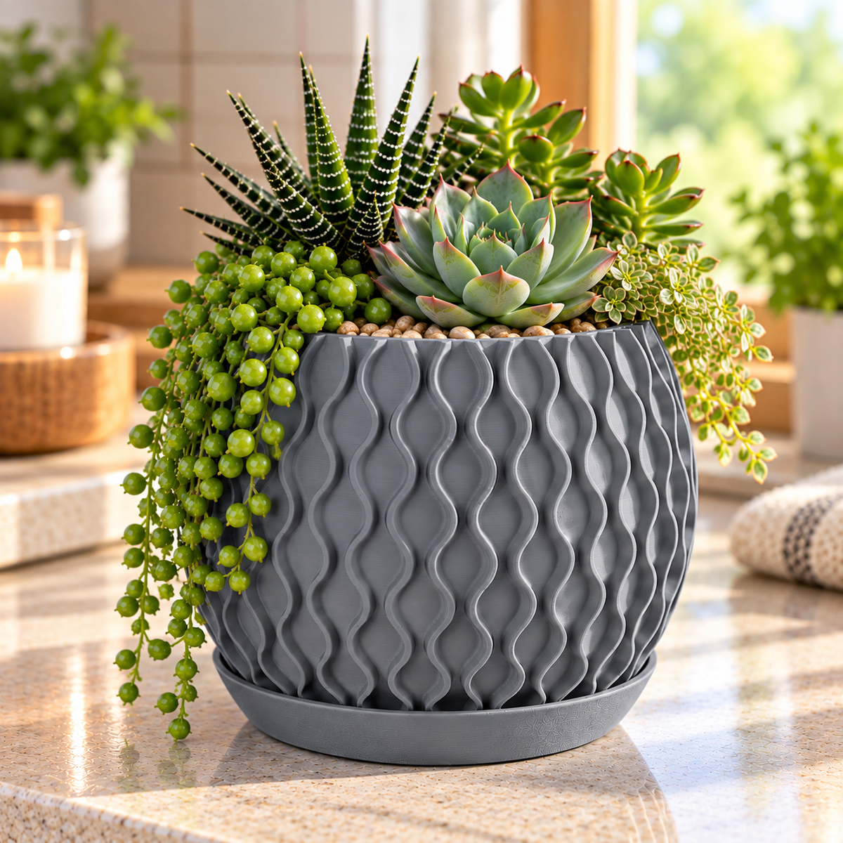Modern Wavy Succulent Planter with Matching Tray