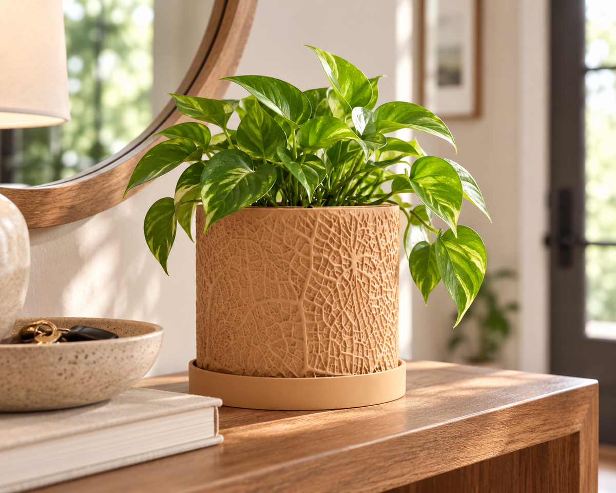 Leaf Textured 3D Printed Planter with Saucer, Small Indoor Plant Pot with Drainage Holes