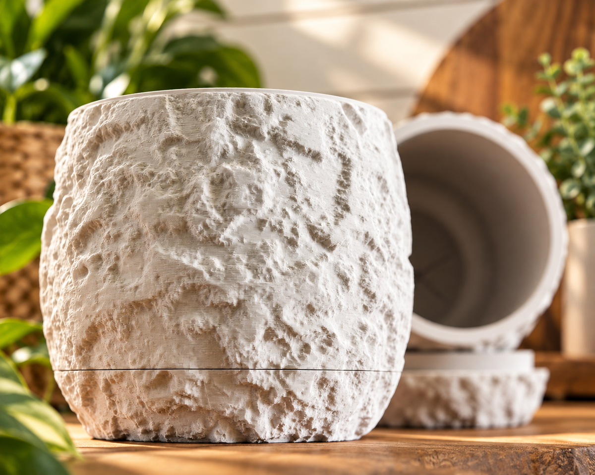 3D Printed Planter with Drainage, Sculptural Stone Look Plant Pot with Drip Tray