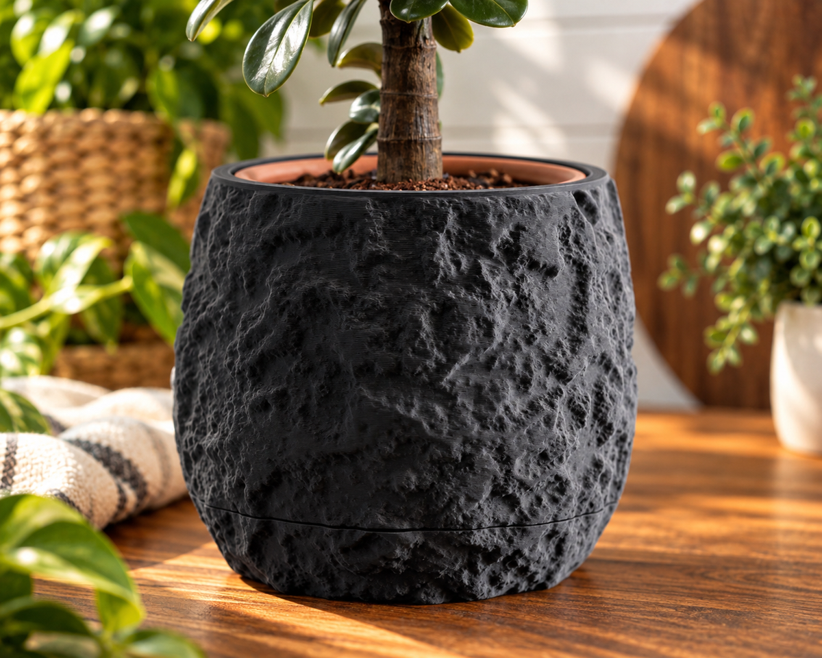 3D Printed Planter with Drainage, Sculptural Stone Look Plant Pot with Drip Tray