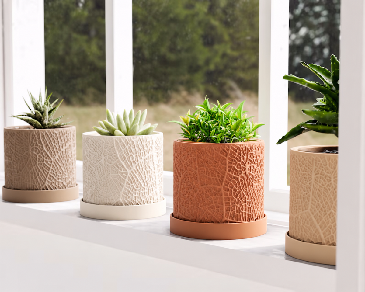 Leaf Textured 3D Printed Planter with Saucer, Small Indoor Plant Pot with Drainage Holes