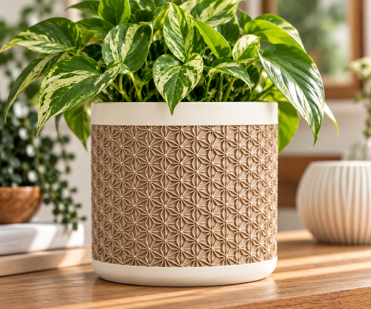3D Printed Planter with Drainage & Drip Tray, Kumiko Pattern Indoor Plant Pot