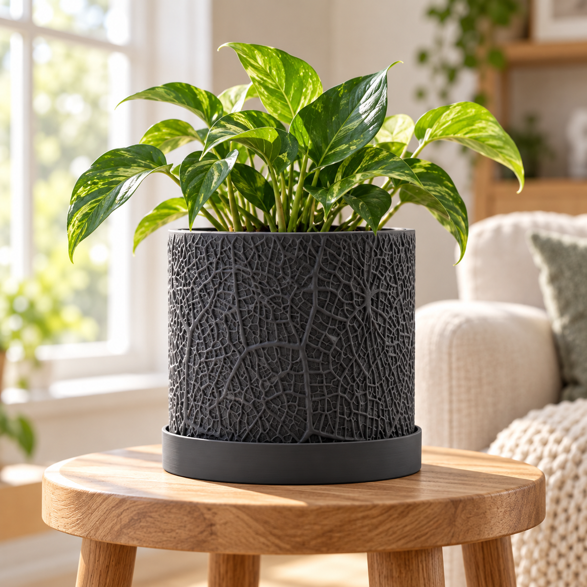 Leaf Textured 3D Printed Planter with Saucer, Small Indoor Plant Pot with Drainage Holes