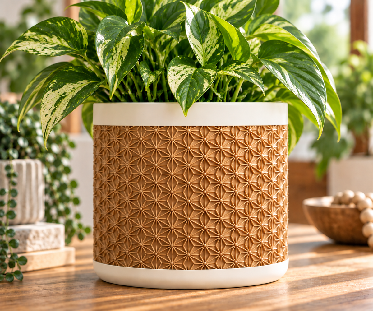 3D Printed Planter with Drainage & Drip Tray, Kumiko Pattern Indoor Plant Pot