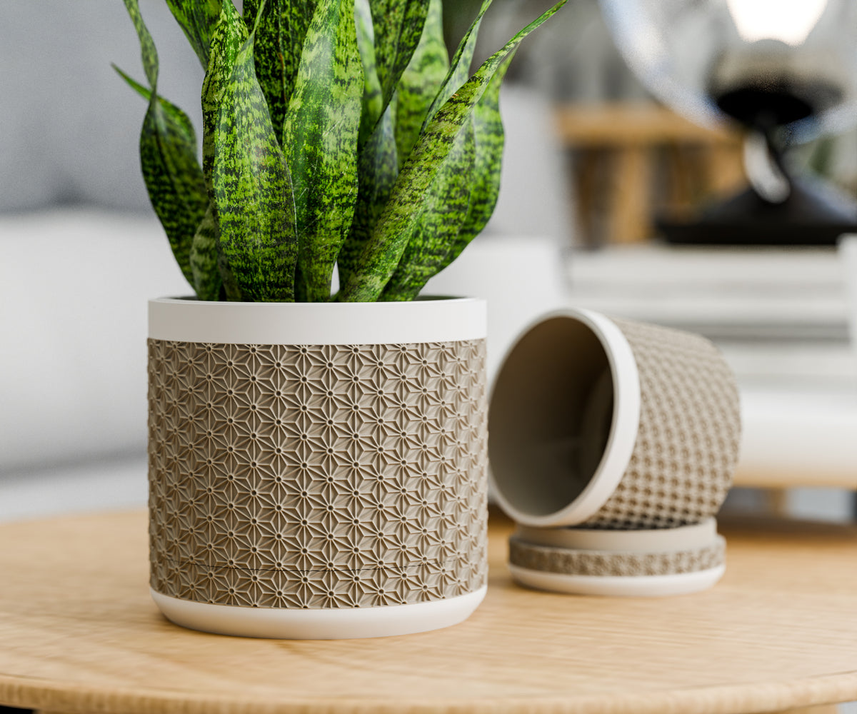 3D Printed Planter with Drainage & Drip Tray, Kumiko Pattern Indoor Plant Pot