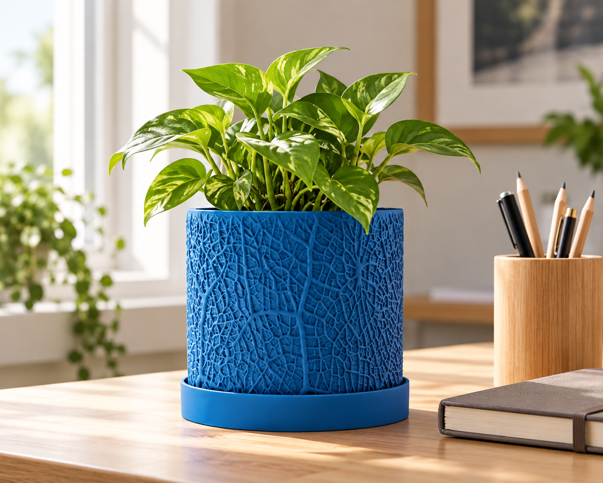 Leaf Textured 3D Printed Planter with Saucer, Small Indoor Plant Pot with Drainage Holes