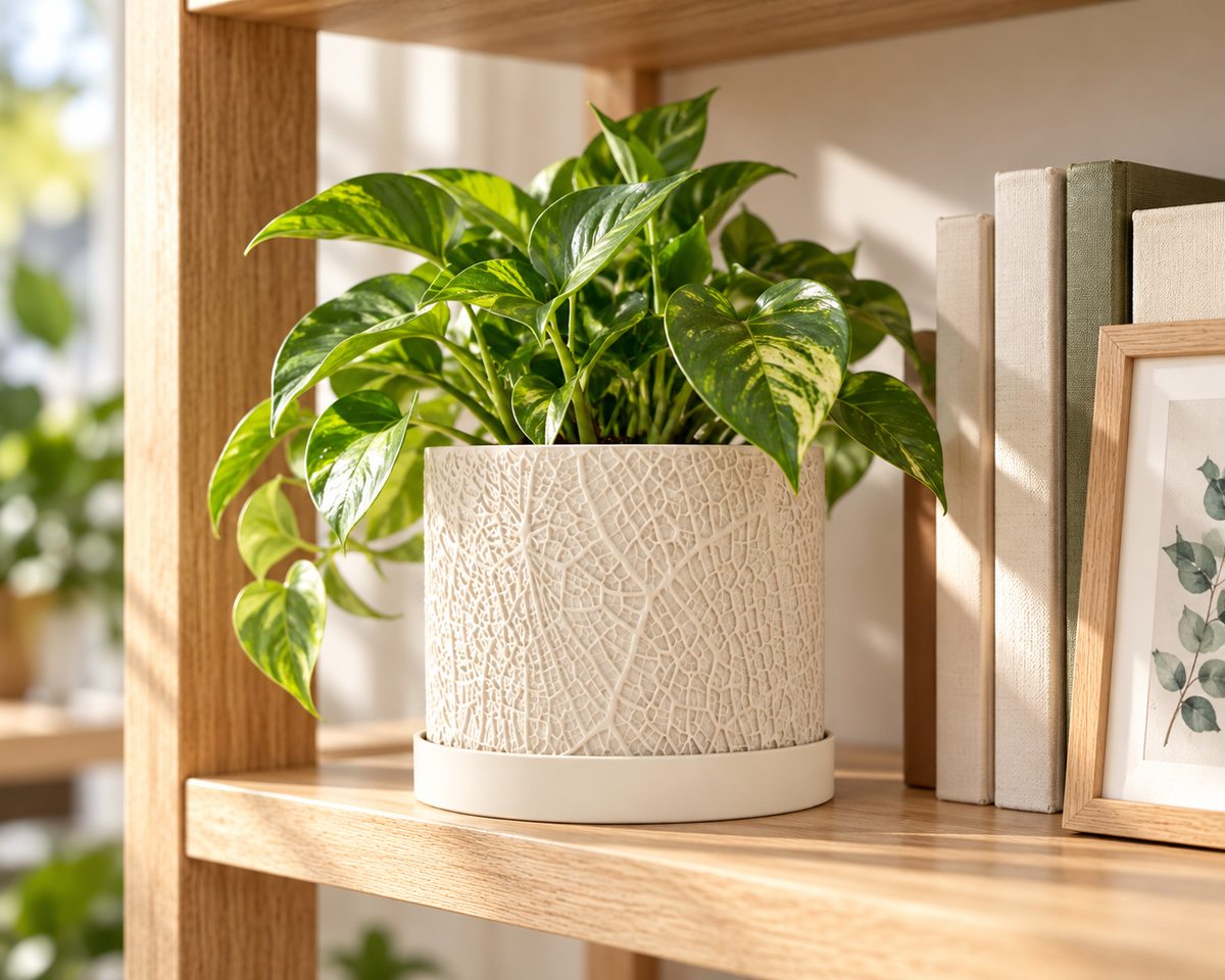 Leaf Textured 3D Printed Planter with Saucer, Small Indoor Plant Pot with Drainage Holes