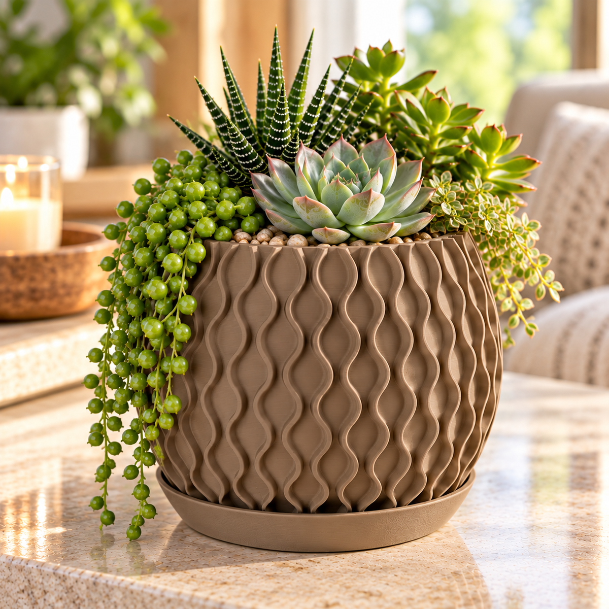 Modern Wavy Succulent Planter with Matching Tray