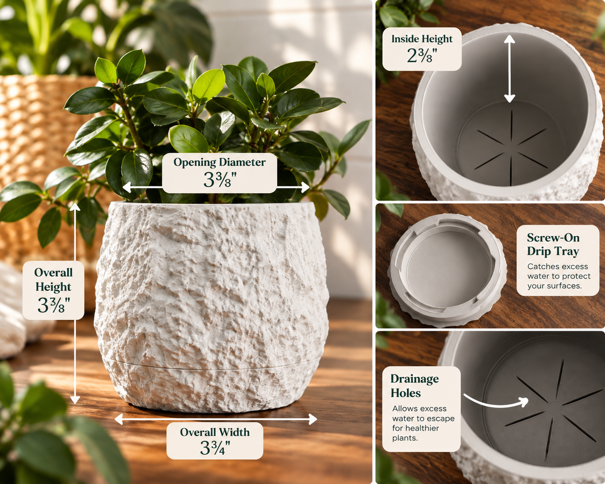 3D Printed Planter with Drainage, Sculptural Stone Look Plant Pot with Drip Tray
