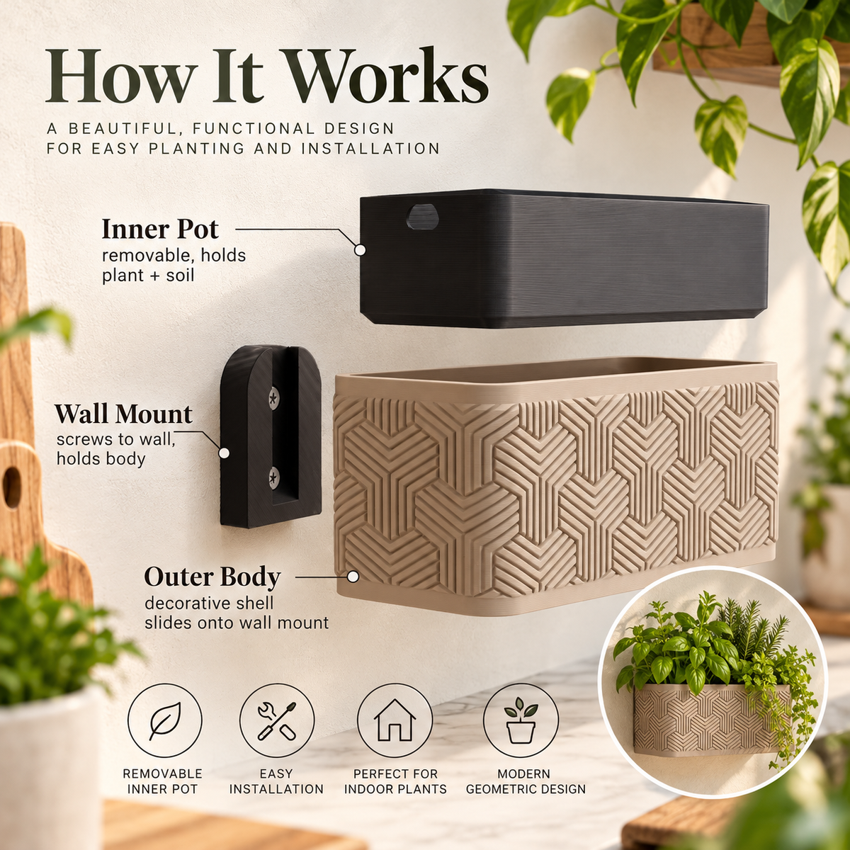 Wall Planter – Modern Geometric Hanging Planter for Herbs & Succulents