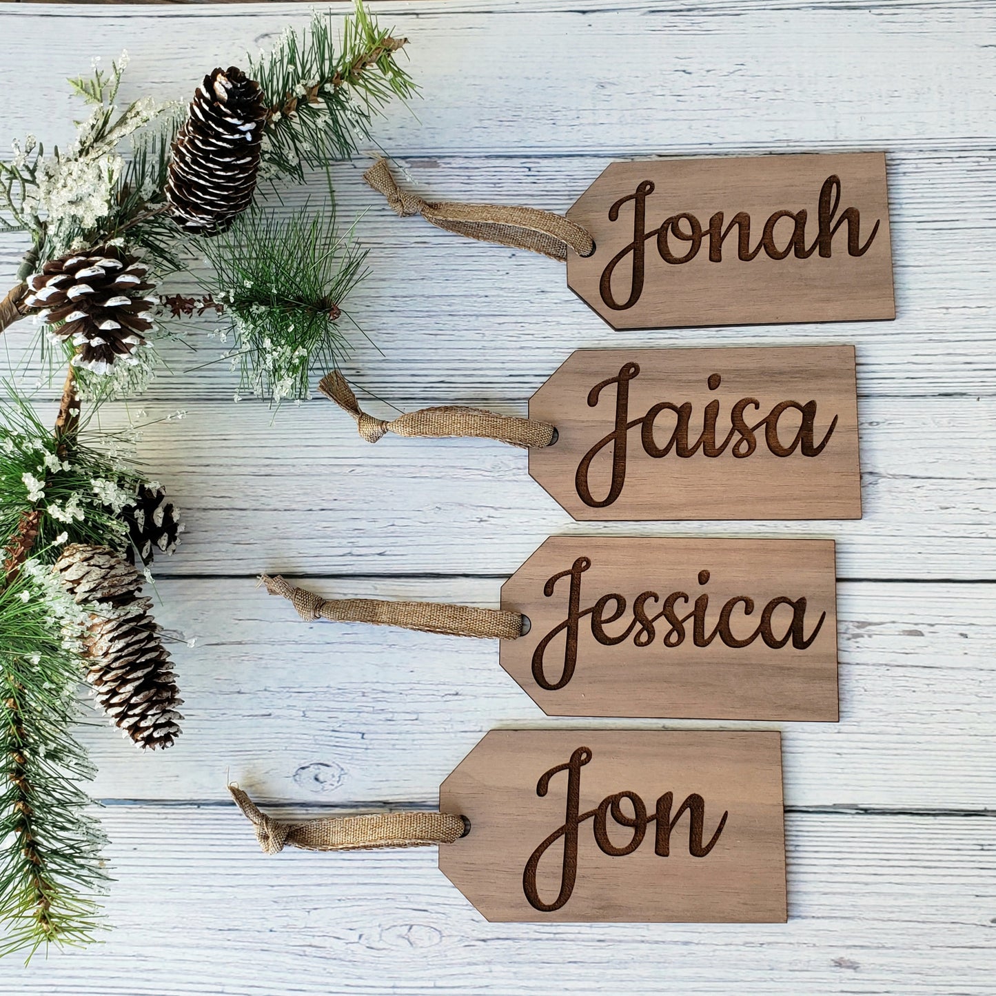Engraved Walnut Christmas stocking name tags – Rustic Elm
