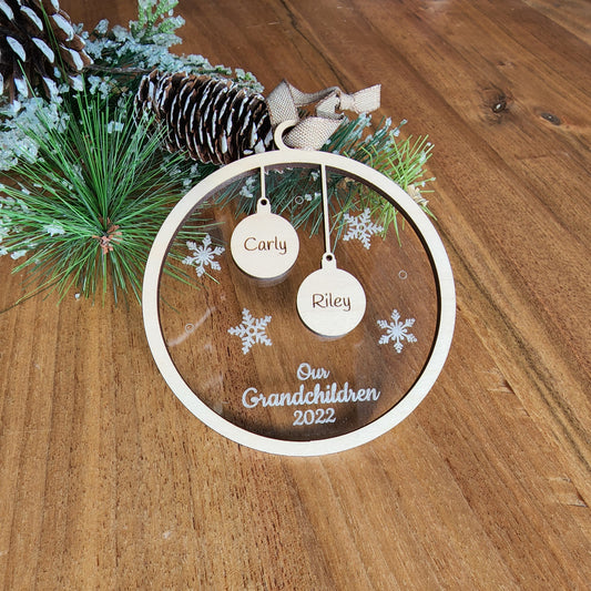 Personalized Grandchildren names Christmas Ornament 2023 Clear Acrylic with Engraved Snow Flakes